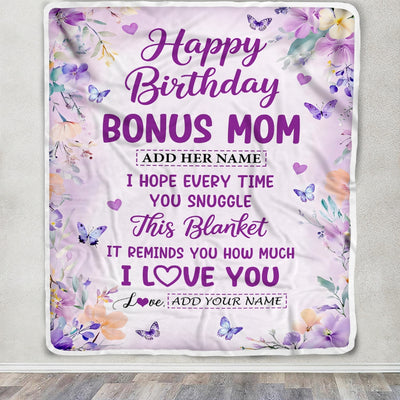 Personalized Happy Birthday Bonus Mom Gifts From Step Son Daughter Blanket I Love You Purple Floral Birthday Gift Idea For Stepmom Gifts Custom Fleece Blanket | teecentury