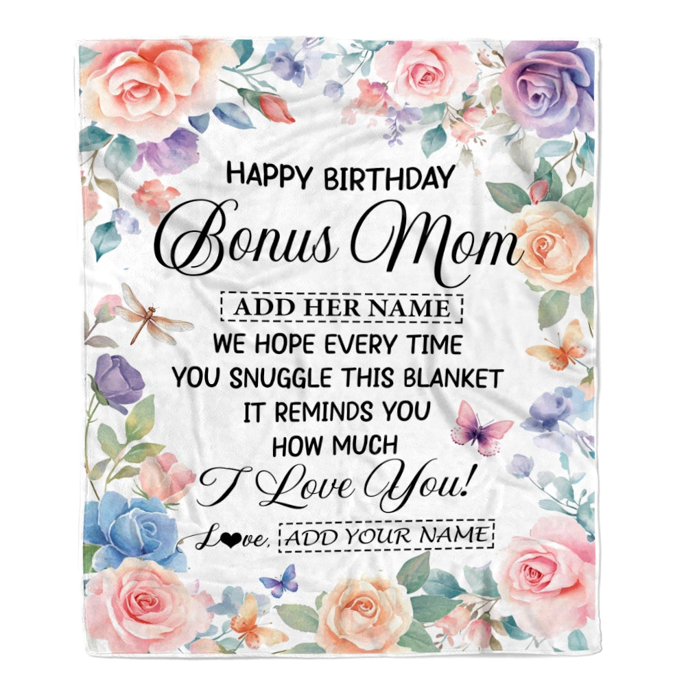 Personalized Happy Birthday Bonus Mom Gifts From Stepdaughter Blanket Butterfly Flower Present Birthday Gift For Stepmom Gifts Customized Fleece Throw Blanket | teecentury