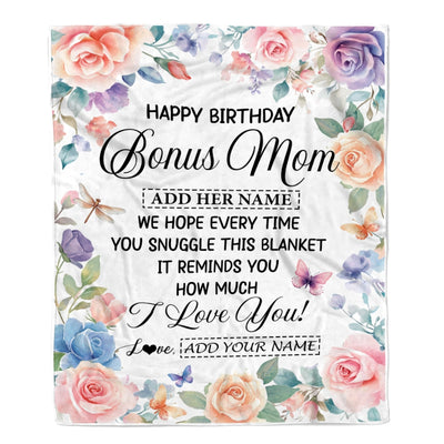 Personalized Happy Birthday Bonus Mom Gifts From Stepdaughter Blanket Butterfly Flower Present Birthday Gift For Stepmom Gifts Customized Fleece Throw Blanket | teecentury