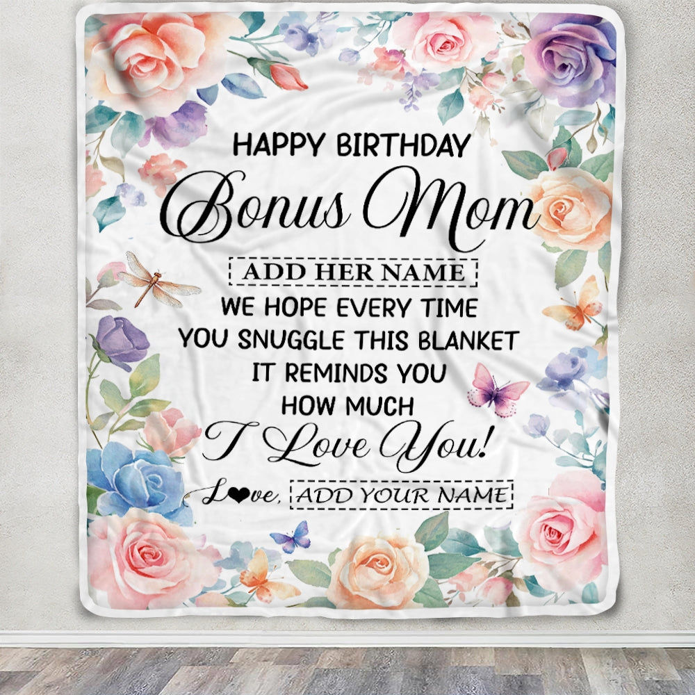Personalized Happy Birthday Bonus Mom Gifts From Stepdaughter Blanket Butterfly Flower Present Birthday Gift For Stepmom Gifts Customized Fleece Throw Blanket | teecentury
