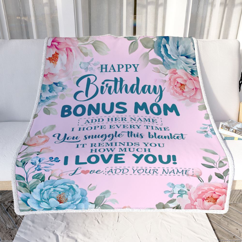 Personalized Happy Birthday Bonus Mom Gifts From Stepdaughter Blanket Floral Flower Birthday Gifts For Stepmom Gifts For Birthday Customized Fleece Blanket | teecentury