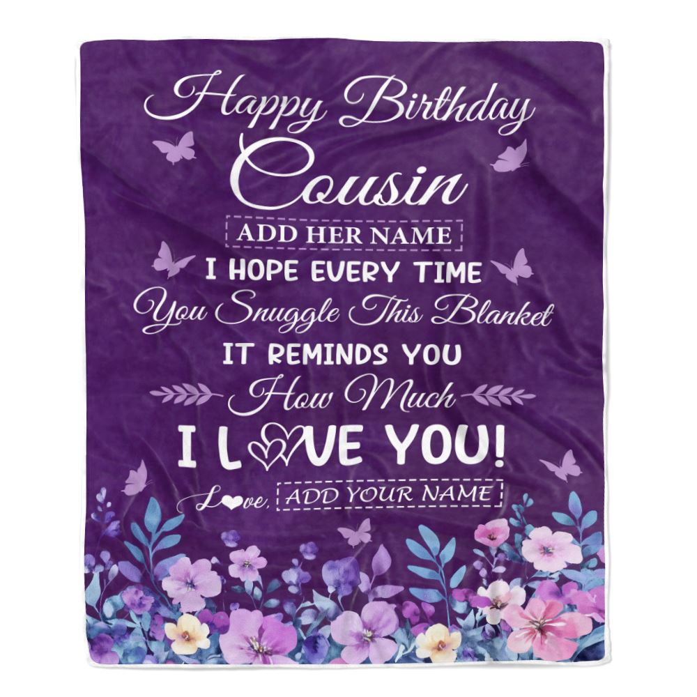 Personalized Happy Birthday Cousin Birthday Gifts From Family Blanket Purple Floral Unique Birthday Gifts Cousin Gifts Customized Fleece Throw Blanket | teecentury