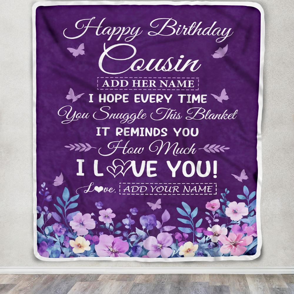 Personalized Happy Birthday Cousin Birthday Gifts From Family Blanket Purple Floral Unique Birthday Gifts Cousin Gifts Customized Fleece Throw Blanket | teecentury