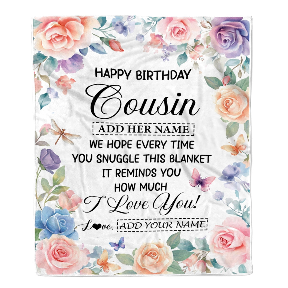 Personalized Happy Birthday Cousin Gifts From Family Blanket Butterfly Flower Present Birthday Gift For Cousin Gifts Customized Fleece Throw Blanket | teecentury