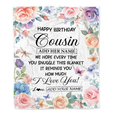 Personalized Happy Birthday Cousin Gifts From Family Blanket Butterfly Flower Present Birthday Gift For Cousin Gifts Customized Fleece Throw Blanket | teecentury