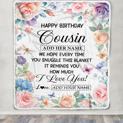 Personalized Happy Birthday Cousin Gifts From Family Blanket Butterfly Flower Present Birthday Gift For Cousin Gifts Customized Fleece Throw Blanket | teecentury