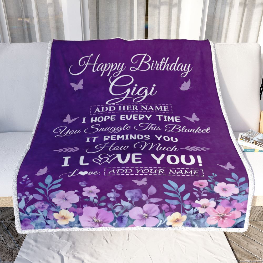 Personalized Happy Birthday Gigi Birthday Gifts From Granddaughter Grandson Blanket Purple Floral Unique Birthday Gifts Gigi Gifts Customized Fleece Blanket | teecentury