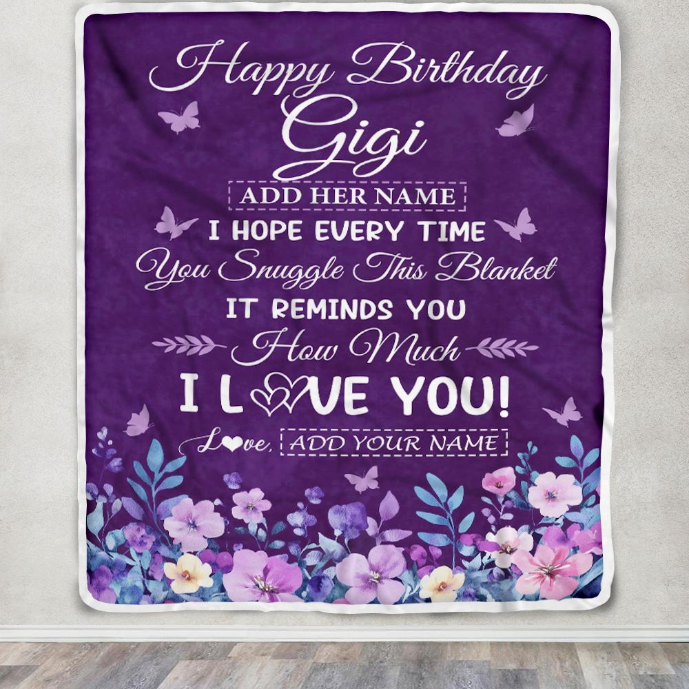 Personalized Happy Birthday Gigi Birthday Gifts From Granddaughter Grandson Blanket Purple Floral Unique Birthday Gifts Gigi Gifts Customized Fleece Blanket | teecentury