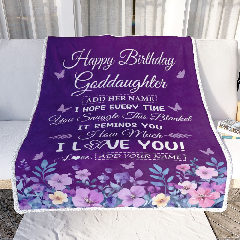 Personalized Happy Birthday Goddaughter Birthday Gifts From Godmother Blanket Purple Floral Unique Birthday Gifts Goddaughter Gifts Customized Fleece Blanket | teecentury