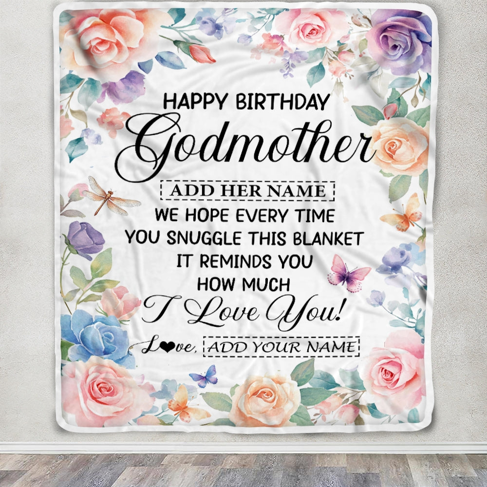 Personalized Happy Birthday Godmother Gifts From Niece Nephew Blanket Butterfly Flower Present Birthday Gift For Aunt Gifts Customized Fleece Throw Blanket | teecentury