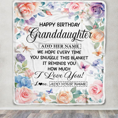 Personalized Happy Birthday Granddaughter Gifts From Grandma Blanket Butterfly Flower Present Birthday Gift For Granddaughter Gifts Customized Fleece Blanket | teecentury