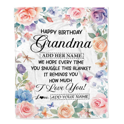 Personalized Happy Birthday Grandma Gifts From Granddaughter Blanket Butterfly Flower Present Birthday Gift For Grandma Gifts Customized Fleece Throw Blanket | teecentury