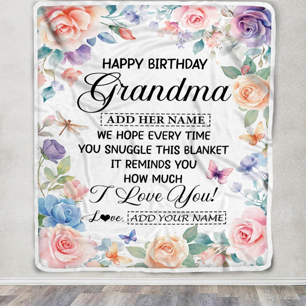 Personalized Happy Birthday Grandma Gifts From Granddaughter Blanket Butterfly Flower Present Birthday Gift For Grandma Gifts Customized Fleece Throw Blanket | teecentury