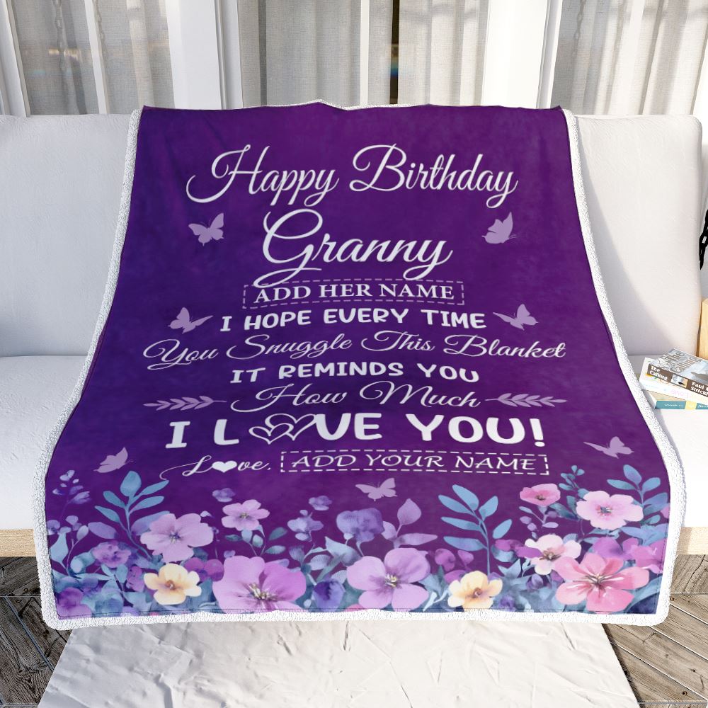 Personalized Happy Birthday Granny Birthday Gifts From Granddaughter Blanket Purple Floral Unique Birthday Gifts Granny Gifts Customized Fleece Blanket | teecentury