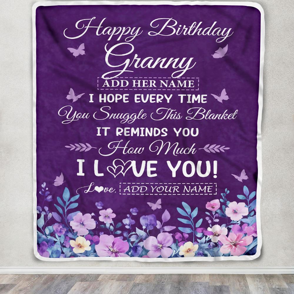 Personalized Happy Birthday Granny Birthday Gifts From Granddaughter Blanket Purple Floral Unique Birthday Gifts Granny Gifts Customized Fleece Blanket | teecentury