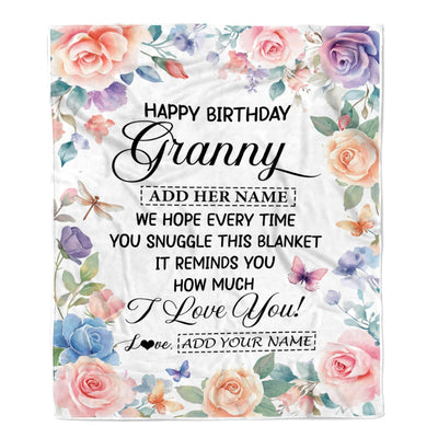 Personalized Happy Birthday Granny Gifts From Granddaughter Blanket Butterfly Flower Present Birthday Gift For Granny Gifts Customized Fleece Throw Blanket | teecentury