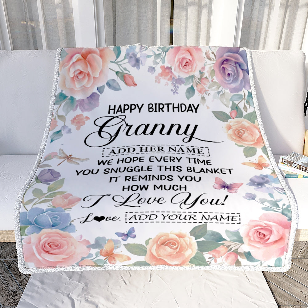 Personalized Happy Birthday Granny Gifts From Granddaughter Blanket Butterfly Flower Present Birthday Gift For Granny Gifts Customized Fleece Throw Blanket | teecentury