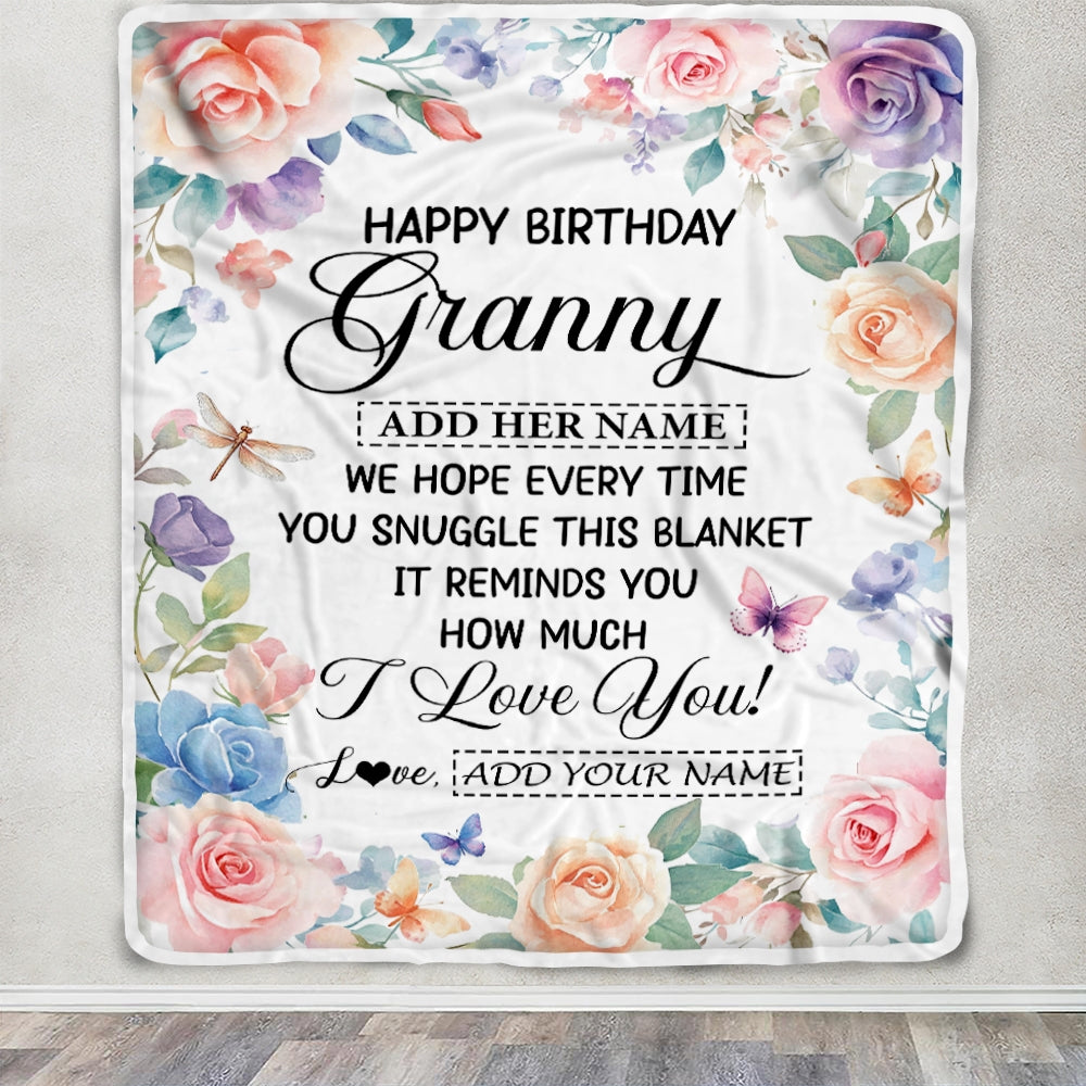 Personalized Happy Birthday Granny Gifts From Granddaughter Blanket Butterfly Flower Present Birthday Gift For Granny Gifts Customized Fleece Throw Blanket | teecentury