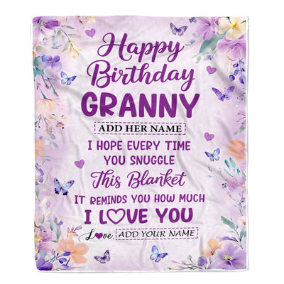 Personalized Happy Birthday Granny Gifts From Granddaughter Blanket I Love You Purple Floral Birthday Gift Idea For Granny Gifts Custom Fleece Throw Blanket | teecentury