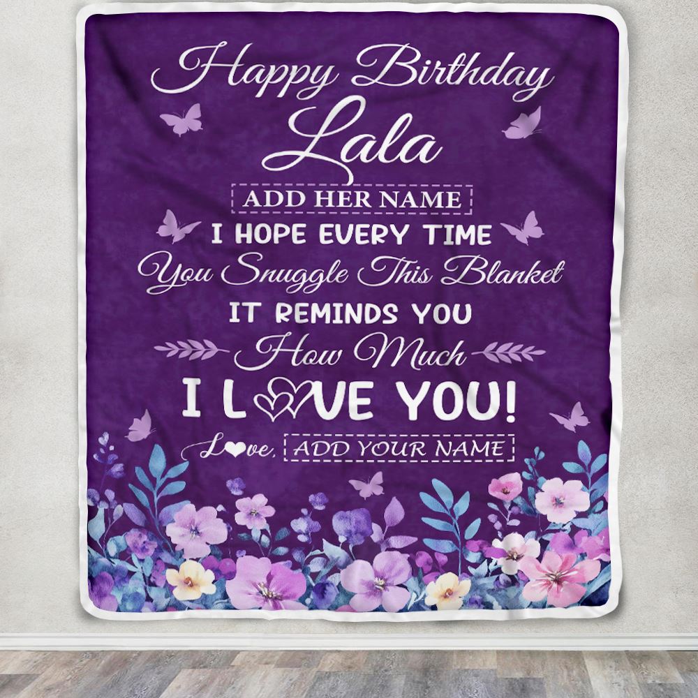 Personalized Happy Birthday Lala Birthday Gifts From Granddaughter Grandson Blanket Purple Floral Unique Birthday Gifts Lala Gifts Customized Fleece Blanket | teecentury