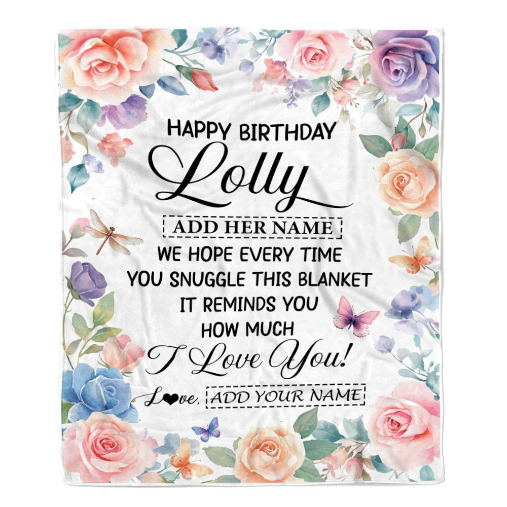 Personalized Happy Birthday Lolly Gifts From Granddaughter Grandkids Blanket Butterfly Flower Present Birthday Gift For Lolly Gifts Customized Fleece Blanket | teecentury