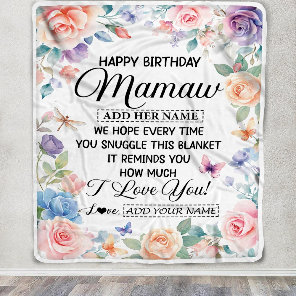 Personalized Happy Birthday Mamaw Gifts From Granddaughter Grandkids Blanket Butterfly Flower Present Birthday Gift For Mamaw Gifts Customized Fleece Blanket | teecentury