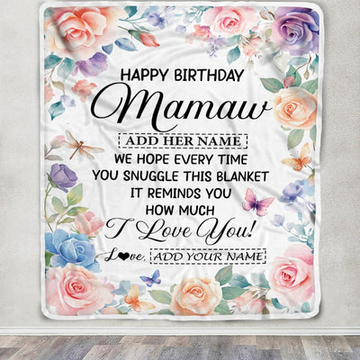 Personalized Happy Birthday Mamaw Gifts From Granddaughter Grandkids Blanket Butterfly Flower Present Birthday Gift For Mamaw Gifts Customized Fleece Blanket | teecentury