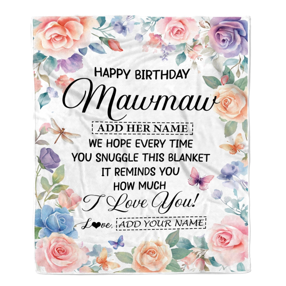Personalized Happy Birthday Mawmaw Gifts From Granddaughter Blanket Butterfly Flower Present Birthday Gift For Mawmaw Gifts Customized Fleece Throw Blanket | teecentury