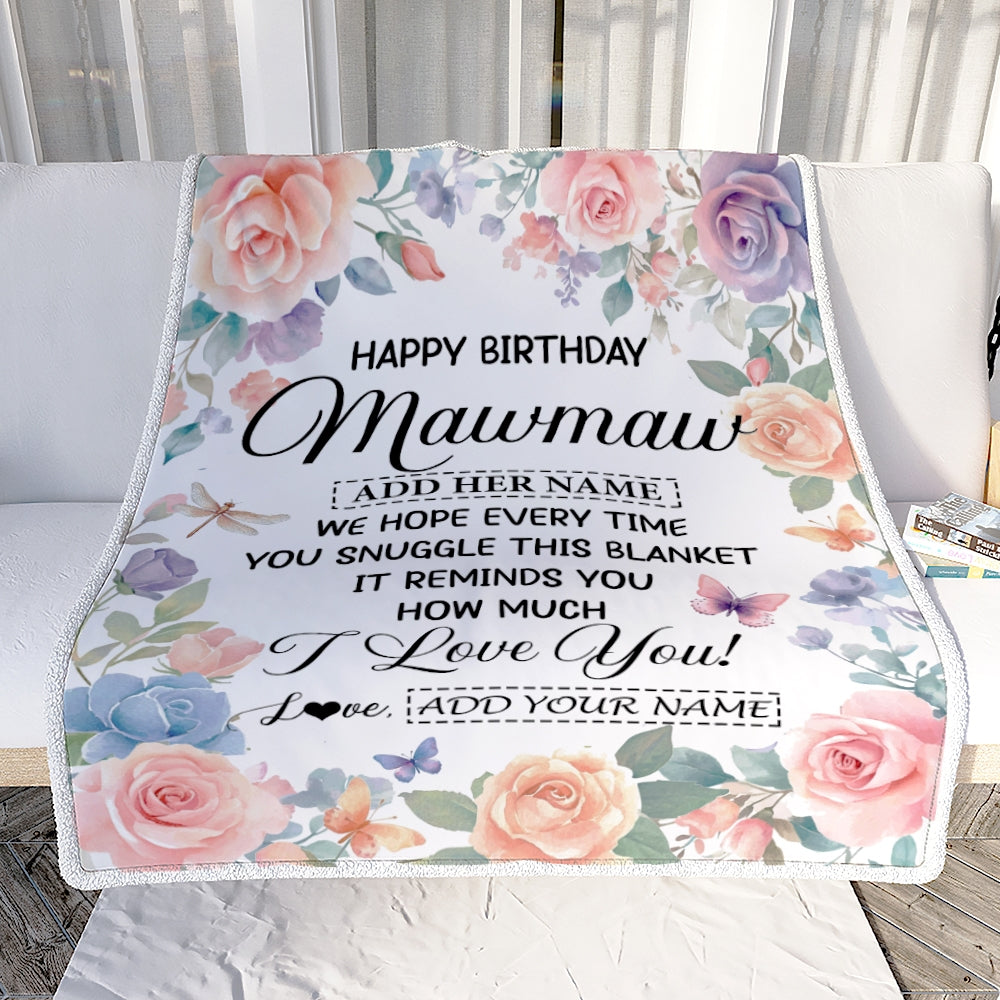 Personalized Happy Birthday Mawmaw Gifts From Granddaughter Blanket Butterfly Flower Present Birthday Gift For Mawmaw Gifts Customized Fleece Throw Blanket | teecentury