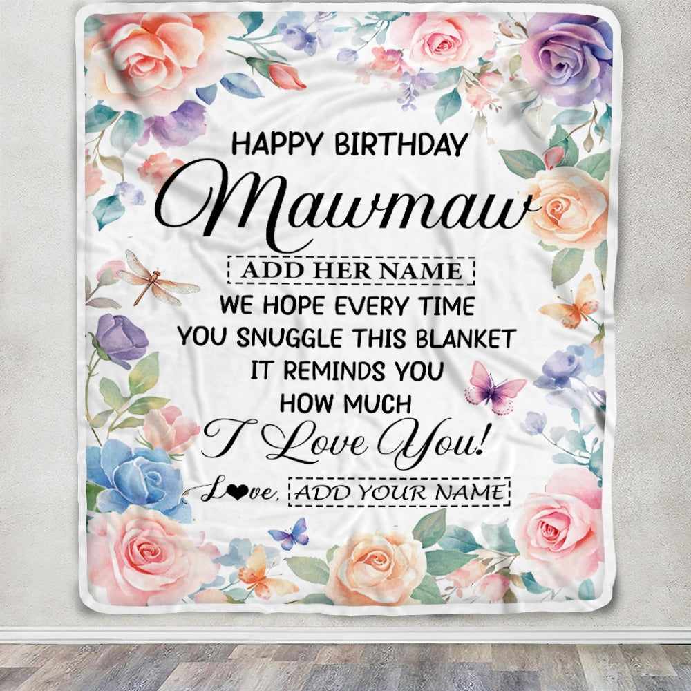 Personalized Happy Birthday Mawmaw Gifts From Granddaughter Blanket Butterfly Flower Present Birthday Gift For Mawmaw Gifts Customized Fleece Throw Blanket | teecentury
