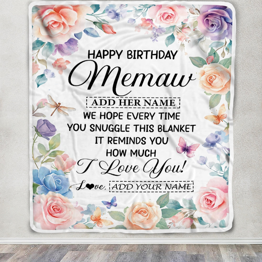 Personalized Happy Birthday Memaw Gifts From Granddaughter Grandkids Blanket Butterfly Flower Present Birthday Gift For Memaw Gifts Customized Fleece Blanket | teecentury