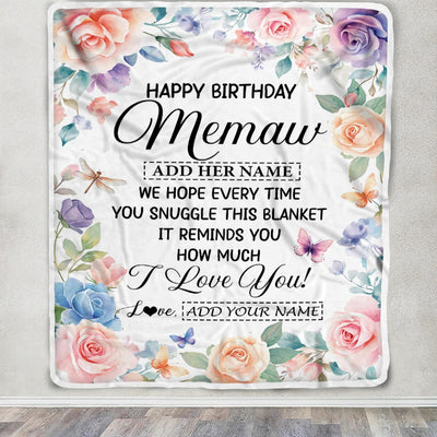 Personalized Happy Birthday Memaw Gifts From Granddaughter Grandkids Blanket Butterfly Flower Present Birthday Gift For Memaw Gifts Customized Fleece Blanket | teecentury