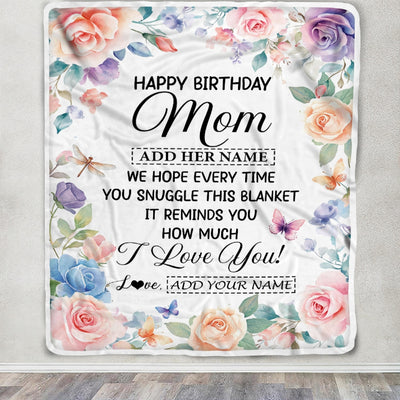 Personalized Happy Birthday Mom Gifts From Daughter Son Blanket Butterfly Flower Present Birthday Gift For Mom Mother Gifts Customized Fleece Throw Blanket | teecentury
