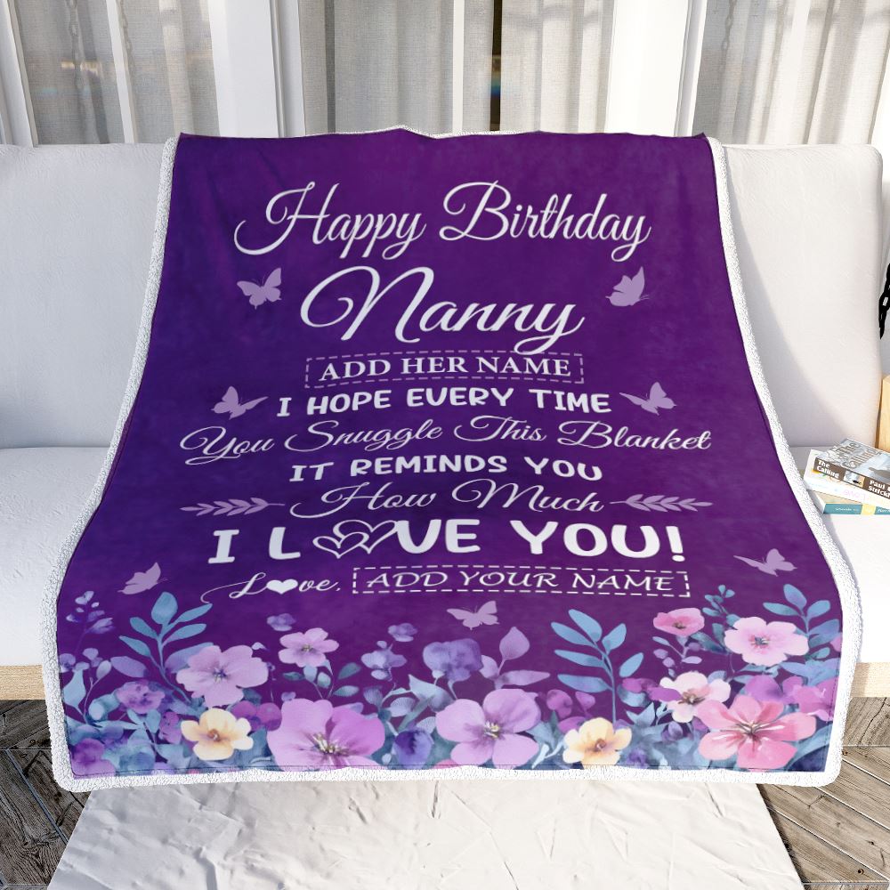 Personalized Happy Birthday Nanny Birthday Gifts From Kids Blanket Purple Floral Unique Birthday Gifts Nanny Gifts Customized Fleece Throw Blanket | teecentury
