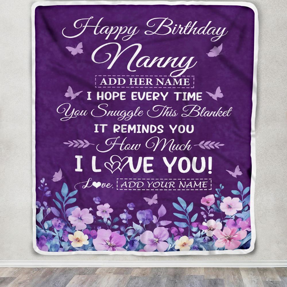 Personalized Happy Birthday Nanny Birthday Gifts From Kids Blanket Purple Floral Unique Birthday Gifts Nanny Gifts Customized Fleece Throw Blanket | teecentury