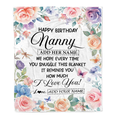 Personalized Happy Birthday Nanny Gifts From Kids Blanket Butterfly Flower Present Birthday Gift For Nanny Gifts Customized Fleece Throw Blanket | teecentury