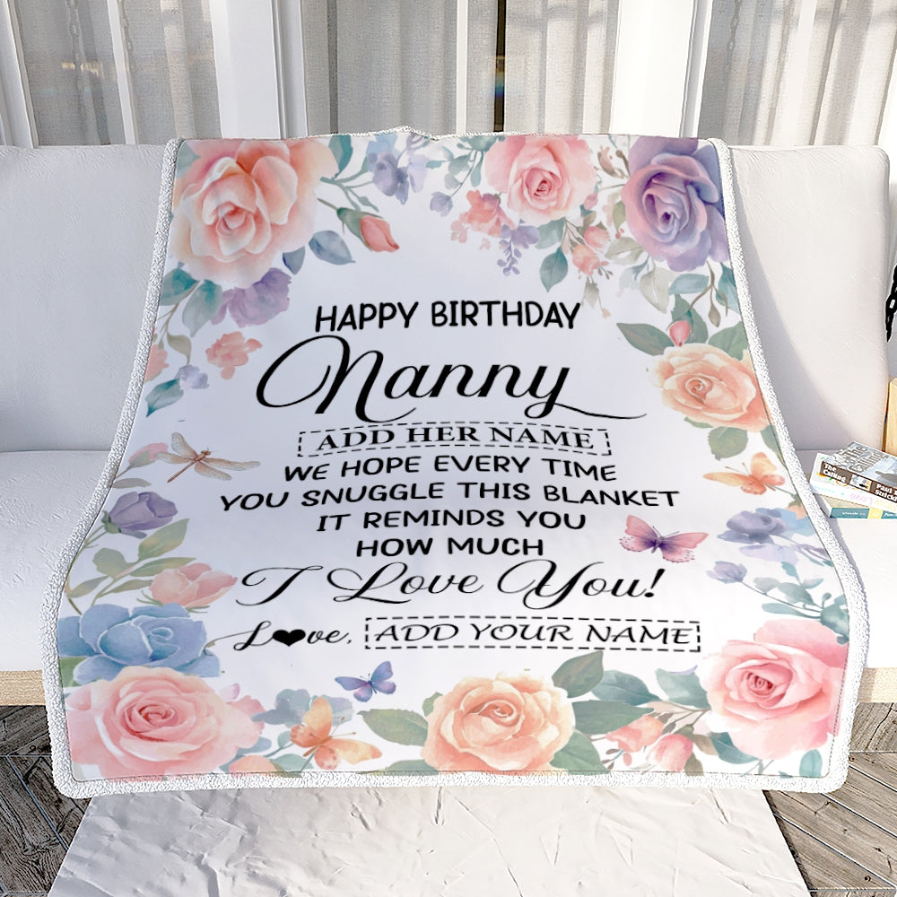 Personalized Happy Birthday Nanny Gifts From Kids Blanket Butterfly Flower Present Birthday Gift For Nanny Gifts Customized Fleece Throw Blanket | teecentury
