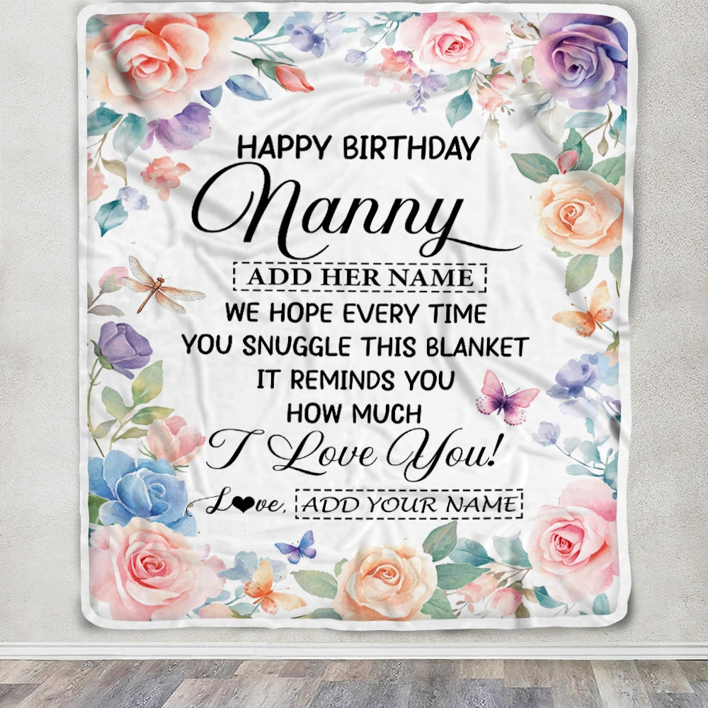 Personalized Happy Birthday Nanny Gifts From Kids Blanket Butterfly Flower Present Birthday Gift For Nanny Gifts Customized Fleece Throw Blanket | teecentury