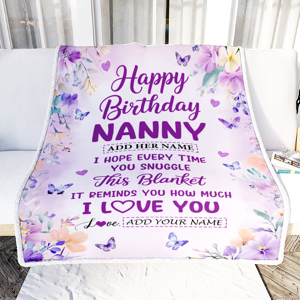 Personalized Happy Birthday Nanny Gifts From Kids Blanket I Love You Purple Floral Birthday Gift Idea For Nanny Gifts Customized Fleece Throw Blanket | teecentury