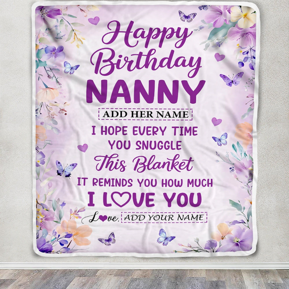 Personalized Happy Birthday Nanny Gifts From Kids Blanket I Love You Purple Floral Birthday Gift Idea For Nanny Gifts Customized Fleece Throw Blanket | teecentury