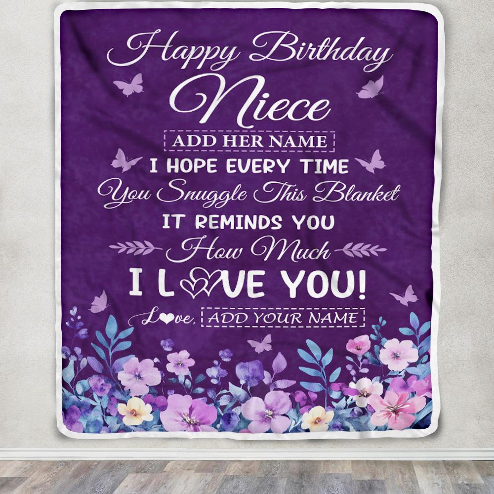 Personalized Happy Birthday Niece Birthday Gifts From Aunt Uncle Blanket Purple Floral Unique Birthday Gifts Niece Gifts Customized Fleece Throw Blanket | teecentury