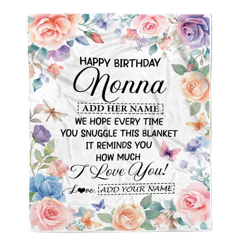 Personalized Happy Birthday Nonna Gifts From Granddaughter Grandkids Blanket Butterfly Flower Present Birthday Gift For Nonna Gifts Customized Fleece Blanket | teecentury