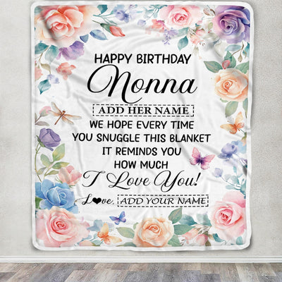 Personalized Happy Birthday Nonna Gifts From Granddaughter Grandkids Blanket Butterfly Flower Present Birthday Gift For Nonna Gifts Customized Fleece Blanket | teecentury