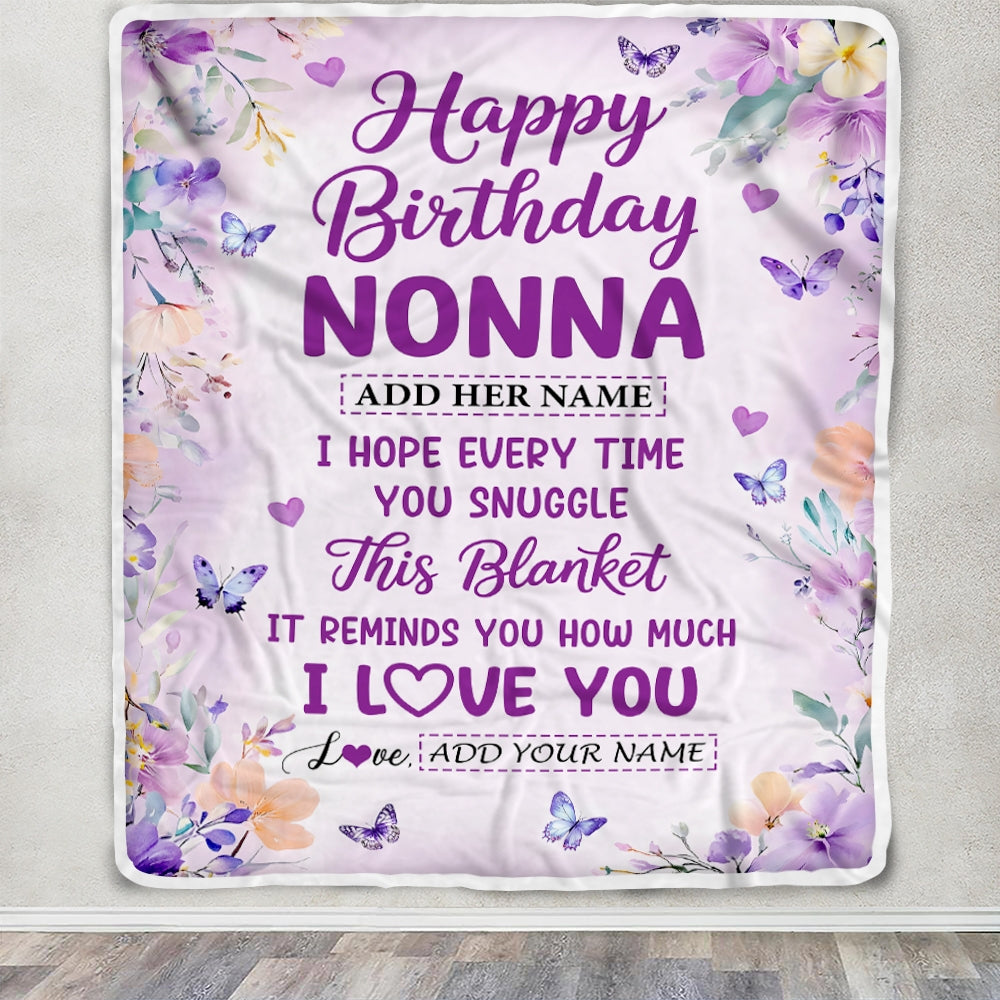 Personalized Happy Birthday Nonna Gifts From Granddaughter Grandson Blanket I Love You Purple Floral Birthday Gift Idea For Nonna Gifts Custom Fleece Blanket | teecentury