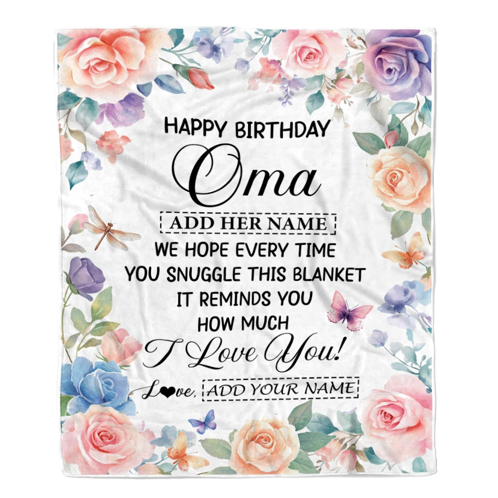 Personalized Happy Birthday Oma Gifts From Granddaughter Grandkids Blanket Butterfly Flower Present Birthday Gift For Oma Gifts Customized Fleece Throw Blanket | teecentury