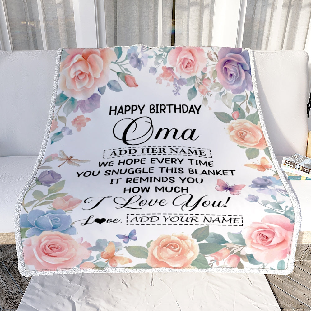 Personalized Happy Birthday Oma Gifts From Granddaughter Grandkids Blanket Butterfly Flower Present Birthday Gift For Oma Gifts Customized Fleece Throw Blanket | teecentury