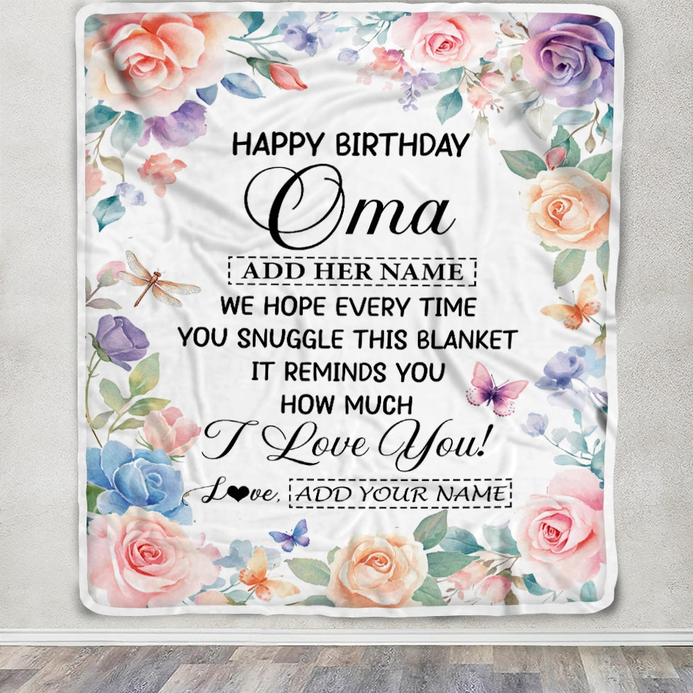 Personalized Happy Birthday Oma Gifts From Granddaughter Grandkids Blanket Butterfly Flower Present Birthday Gift For Oma Gifts Customized Fleece Throw Blanket | teecentury