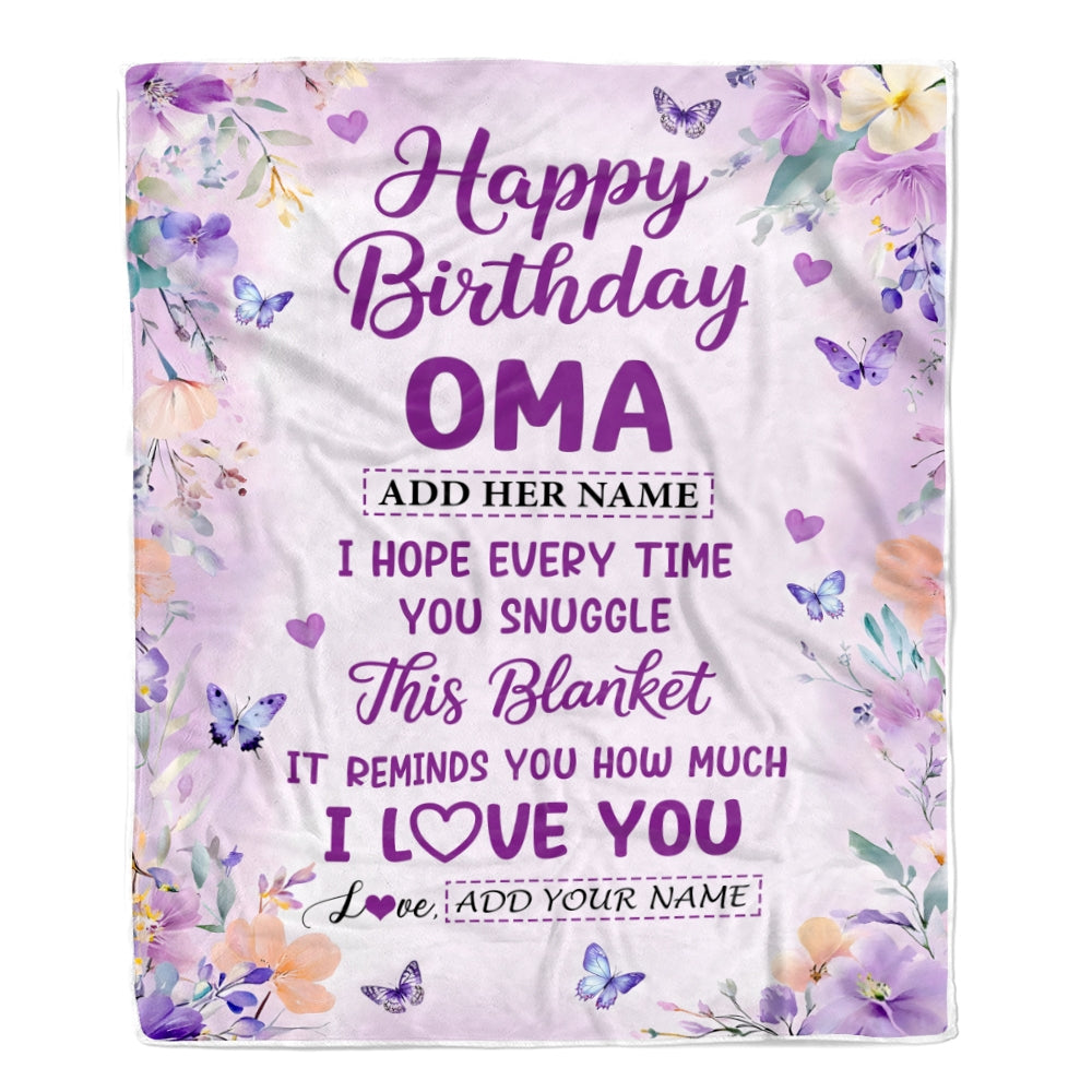 Personalized Happy Birthday Oma Gifts From Granddaughter Grandson Blanket I Love You Purple Floral Birthday Gift Idea For Oma Gifts Customized Fleece Blanket | teecentury