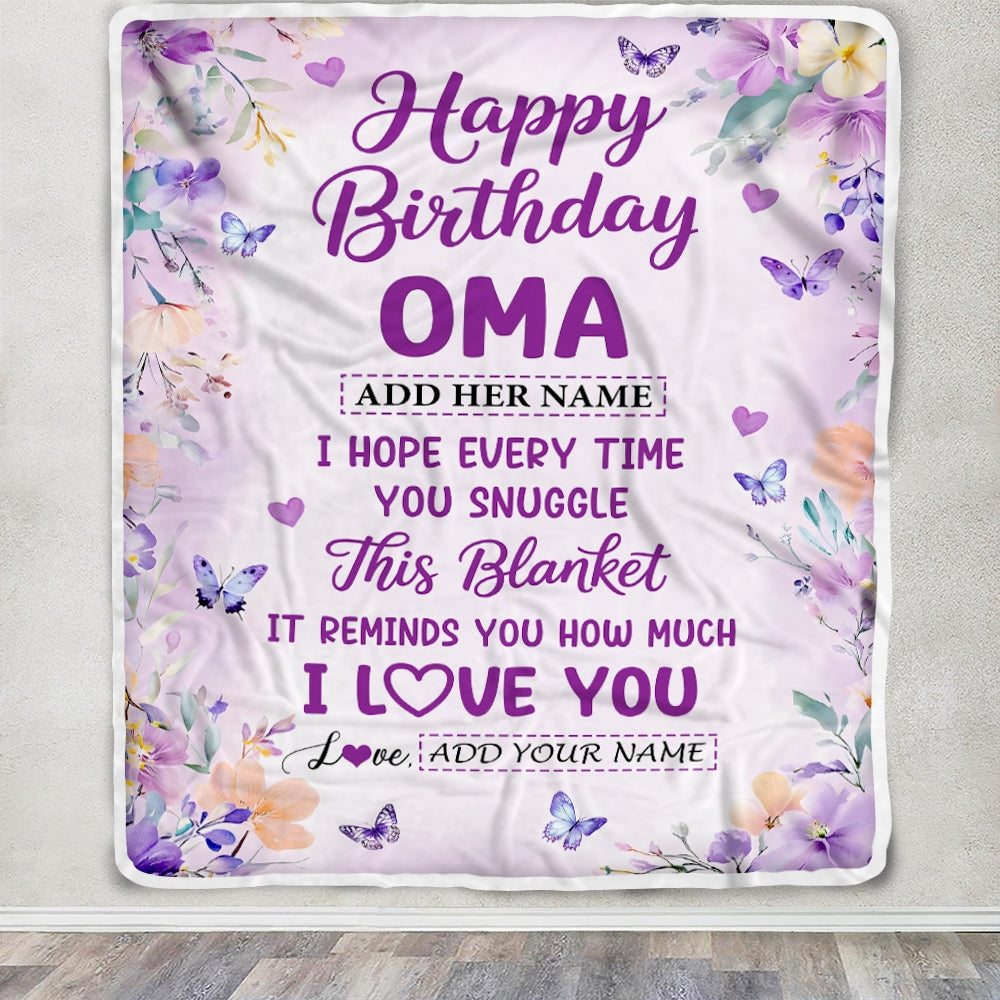 Personalized Happy Birthday Oma Gifts From Granddaughter Grandson Blanket I Love You Purple Floral Birthday Gift Idea For Oma Gifts Customized Fleece Blanket | teecentury