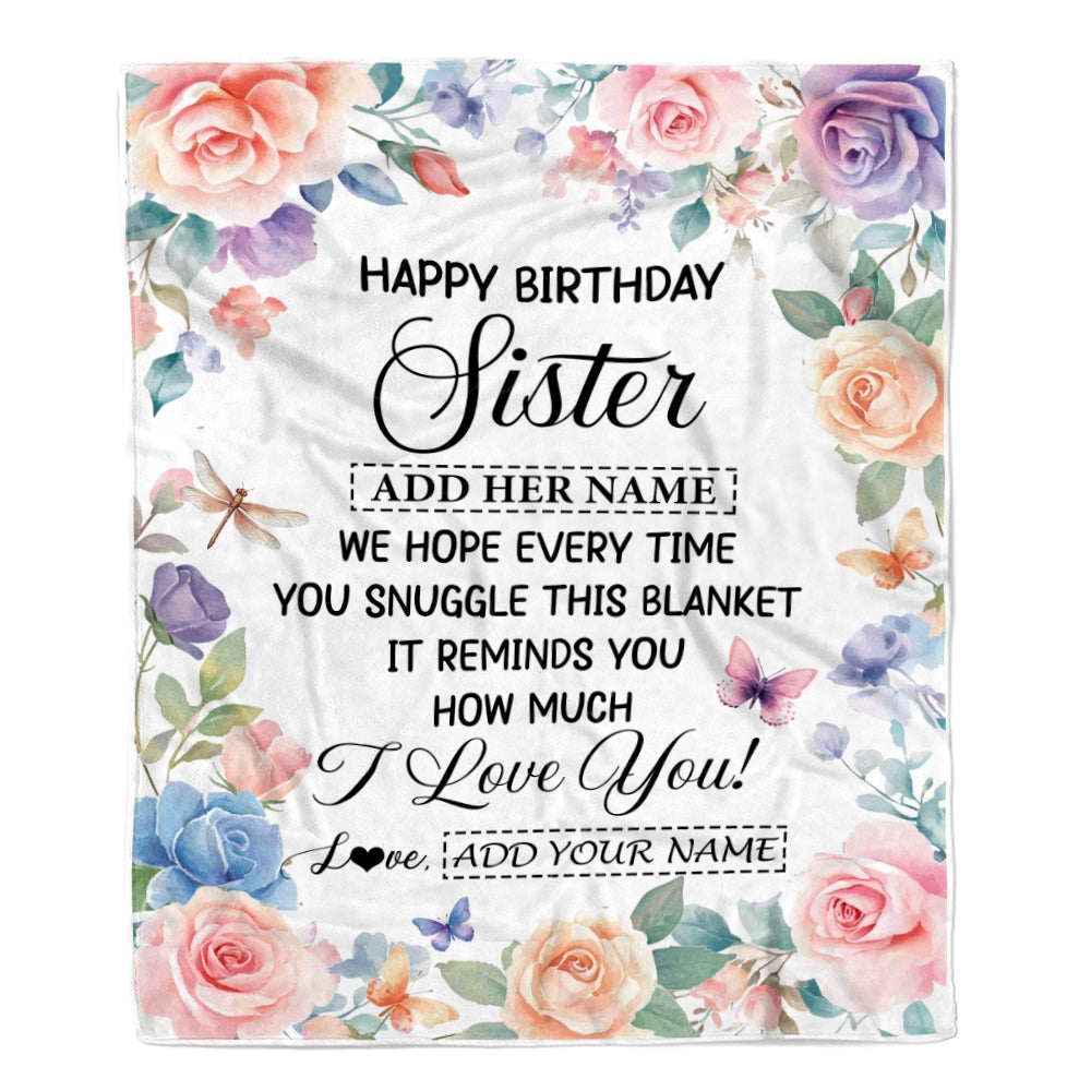 Personalized Happy Birthday Sister Gifts From Brother Blanket Butterfly Flower Present Birthday Gift For Sister Gifts Customized Fleece Throw Blanket | teecentury